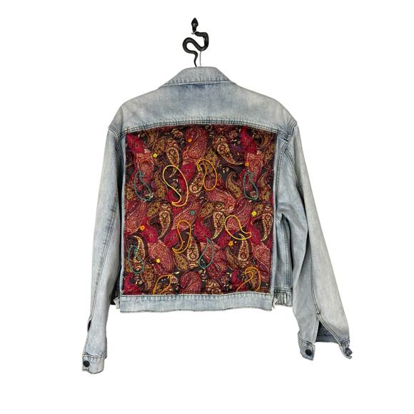 Free People Paisley Quilted Denim Jacket Trucker Boho Hippie Oversized Baggy M/L - Picture 11 of 13